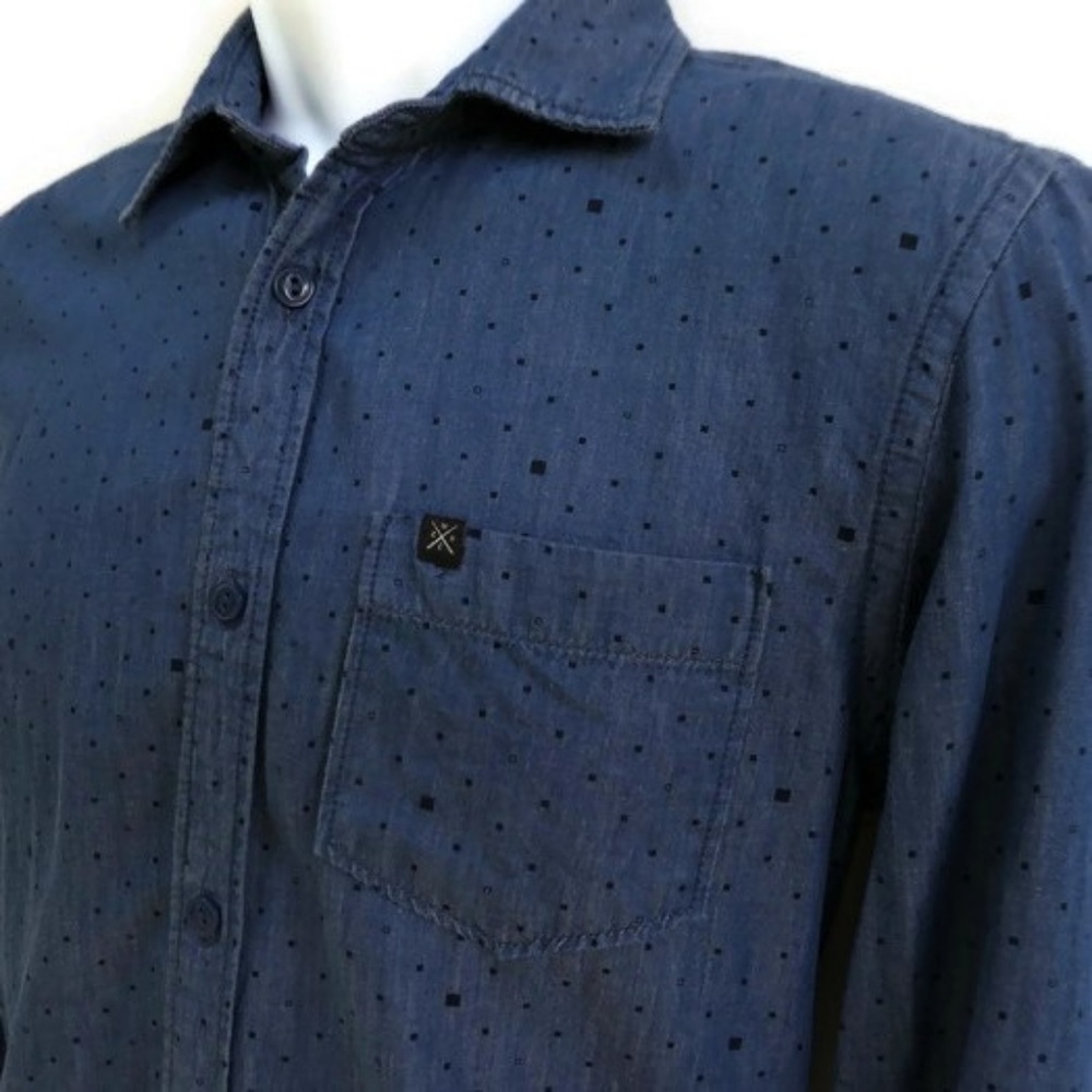 Zara Man Chambray Shirt Swiss Polka Squares Button Front Chest Pocket Cotton S